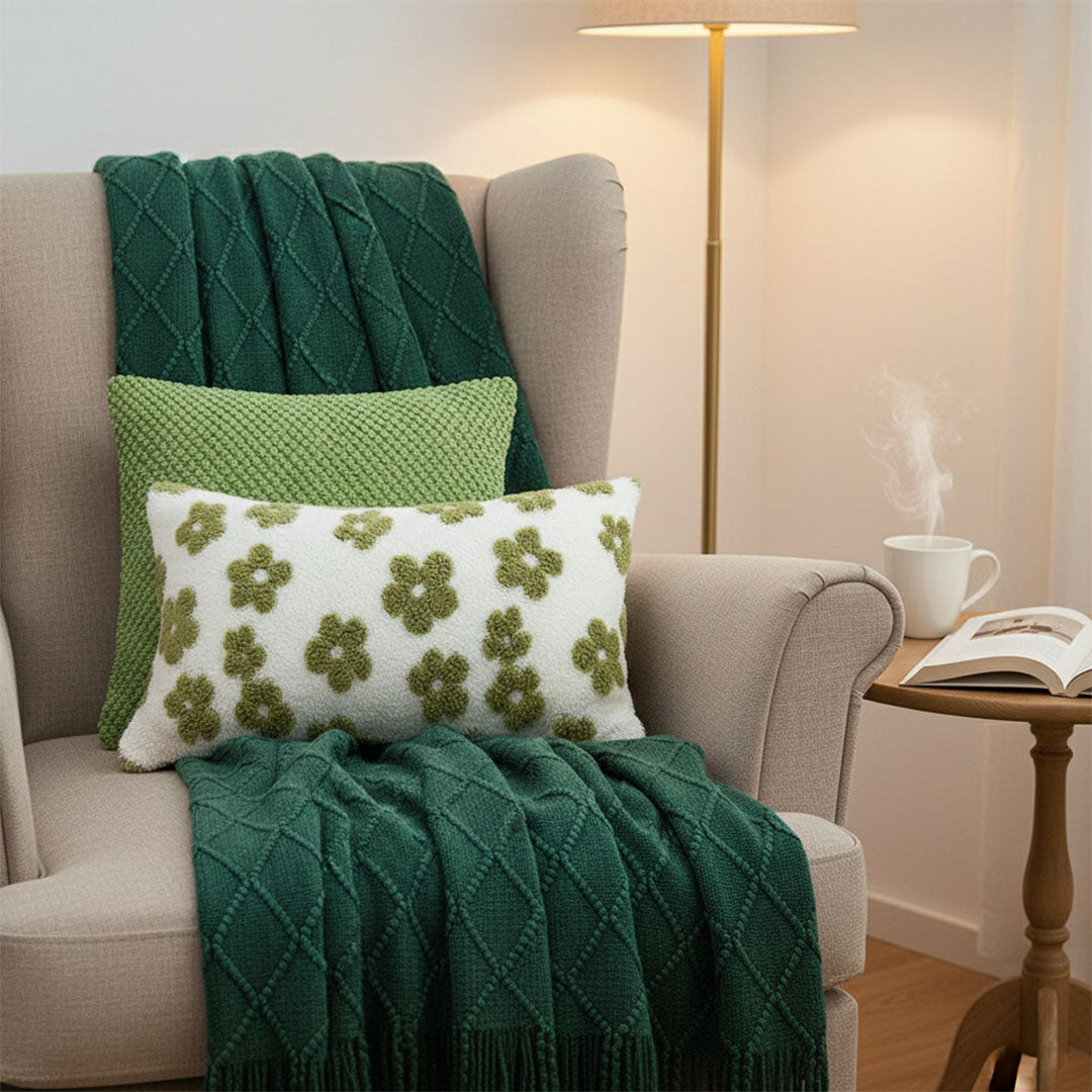 SOGA 3PC Cozy Home Set – Green Diamond Knit Throw Blanket with Decorative Pillow Covers (Weave & Bloom Design)