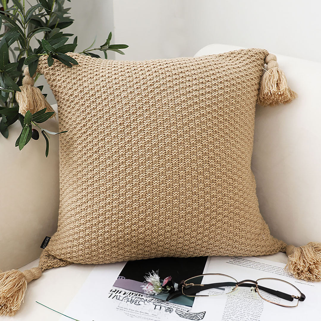 SOGA 2x 50CM Light Brown Pillow with Tassel Accents, Rizzy Transitional Cover Throw Pillow