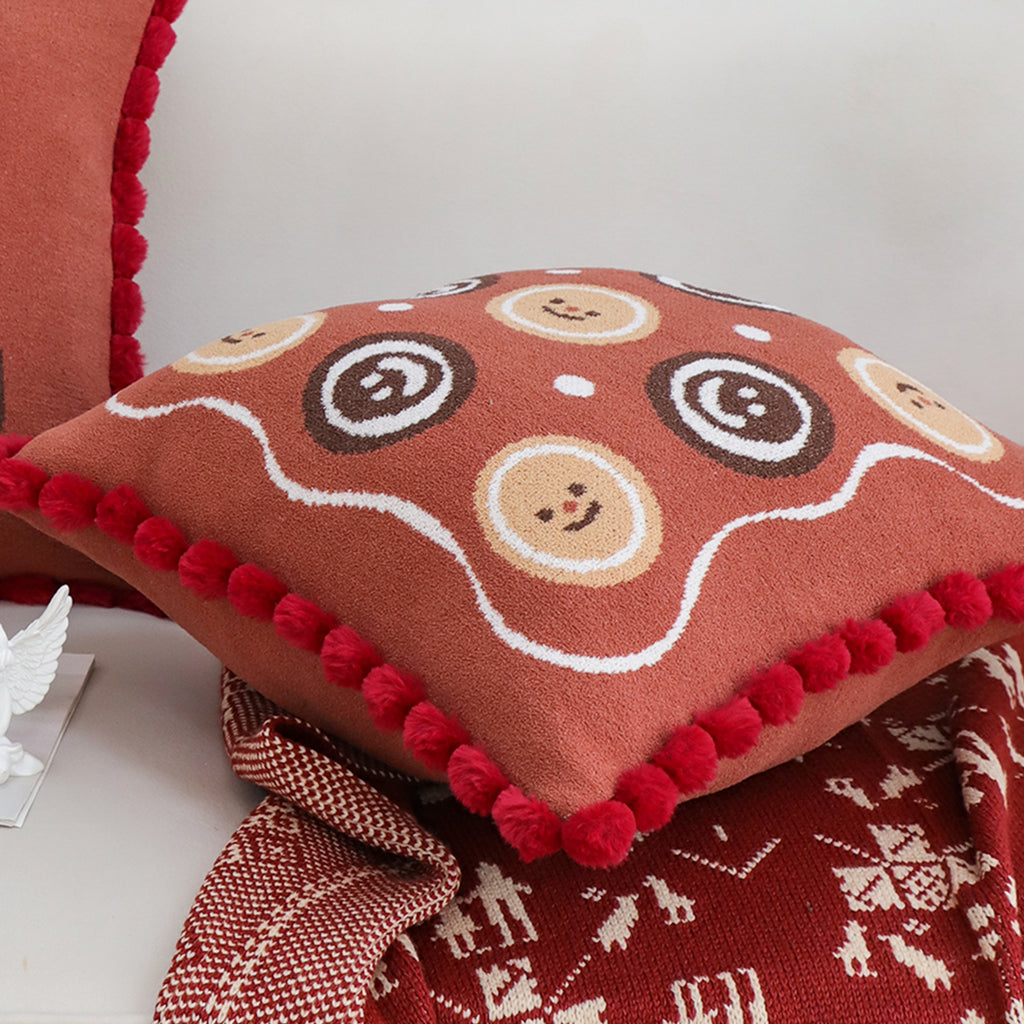 SOGA 45cm Gingerbread Cookie Smiley Face Square Pillowcase with Red Pom-Pom Trim