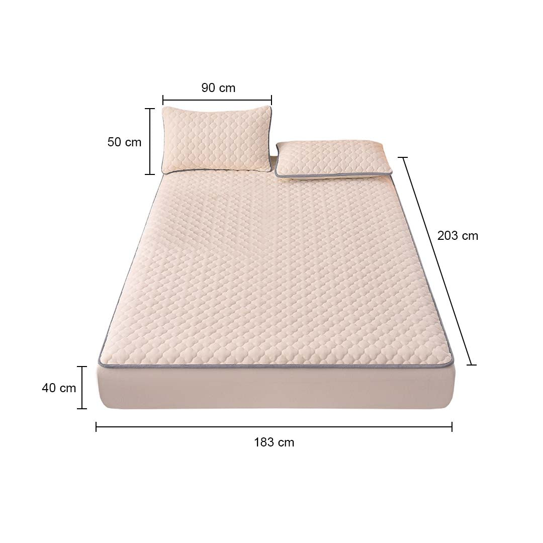 SOGA 2X Beige 183cm Wide Mattress Cover Thick Quilted Fleece Stretchable Clover Design Bed Spread Sheet Protector with Pillow Covers