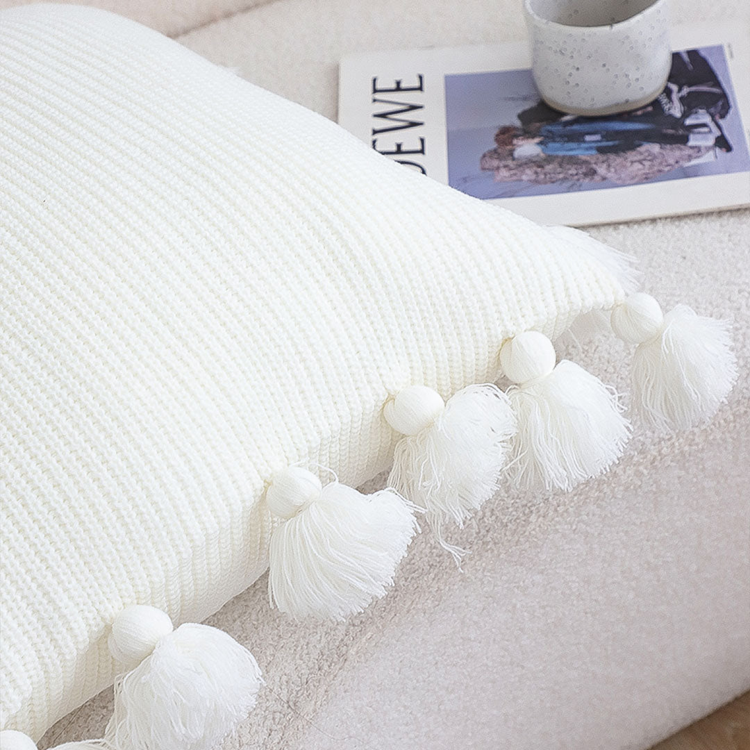 SOGA 45cm Textured Pillowcase with Pom-Pom Trim (Pure White)