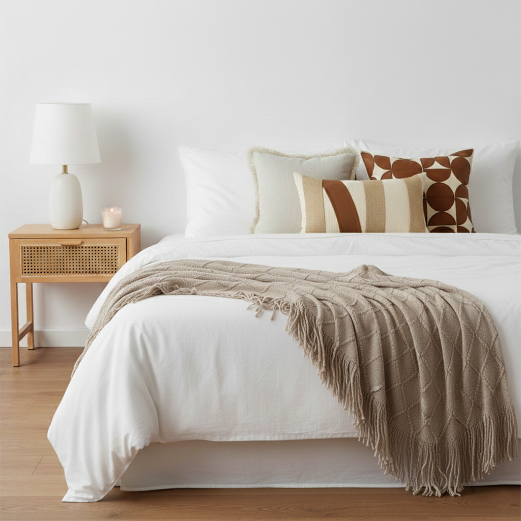 SOGA 4PC Set – Coffee Diamond Knitted Throw with Tassels + Striped, Geometric & Cream Pillowcases – stylish Decor