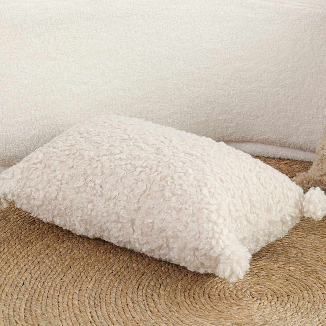 SOGA 30x50cm Cream Bouclé Lumbar Pillow with Corner Tassels