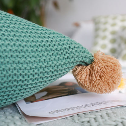 SOGA 45cm Ribbed Knit Pillowcase with Pom-Poms (Sage Green)