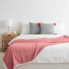 SOGA 3PC Cozy Set – Pink Flannel Throw Blanket with Pillow Covers (Stone Texture & Gray Ribbed Pom-Poms Design)