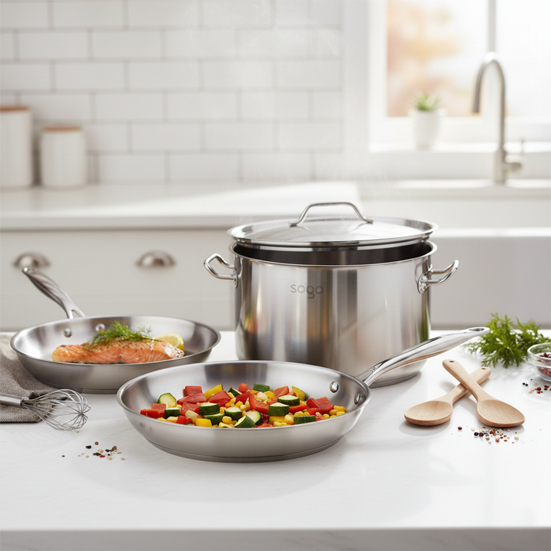 SOGA Essential Cooking Set – Stainless Steel Fry Pans (24cm & 28cm) + 17L Stock Pot, Silver