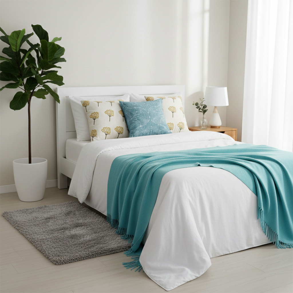 SOGA 5PC Set – Teal Knitted Throw Blanket with Sunny Dandelion & Blue Geometric Pillowcases – Cozy Home Decor