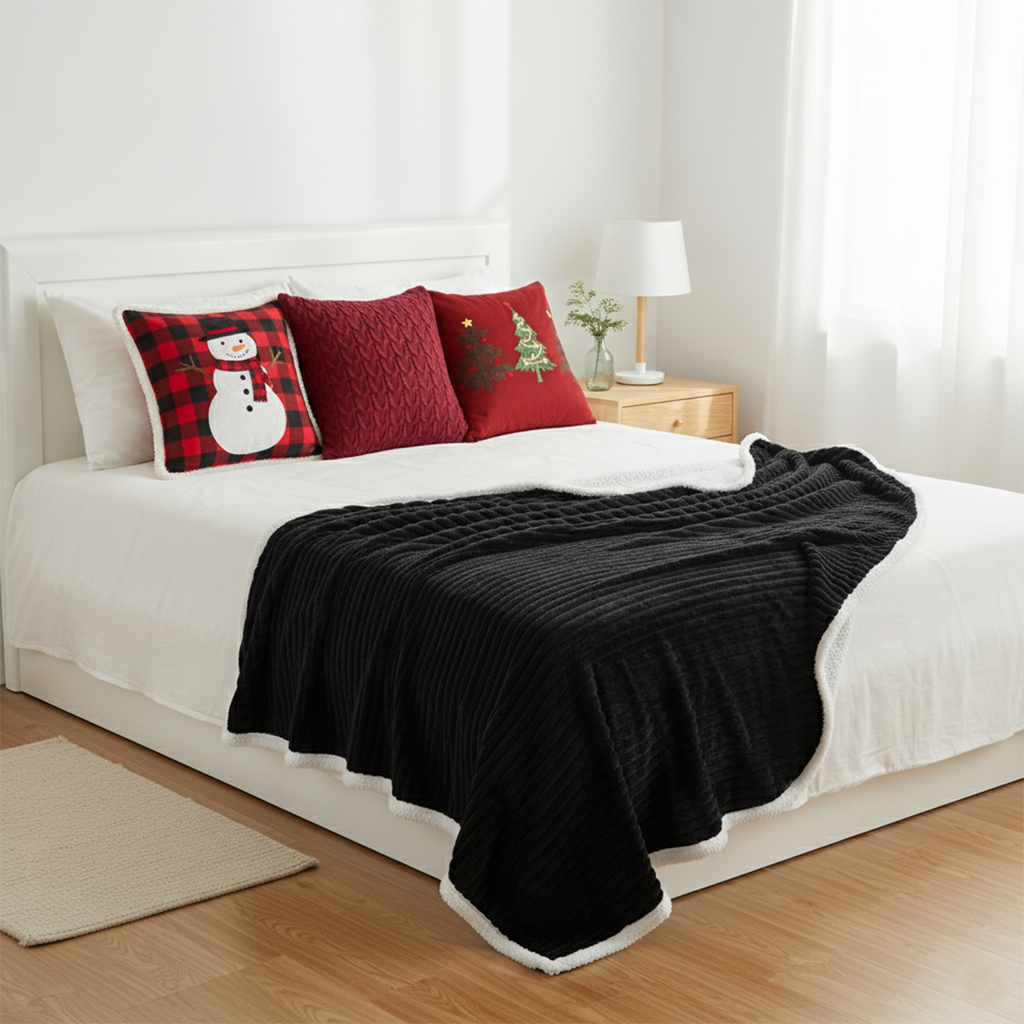 SOGA 5PC Christmas Set – Flannel Throw + Red Cable Knit, Tree Trio & Snowman Pillowcases