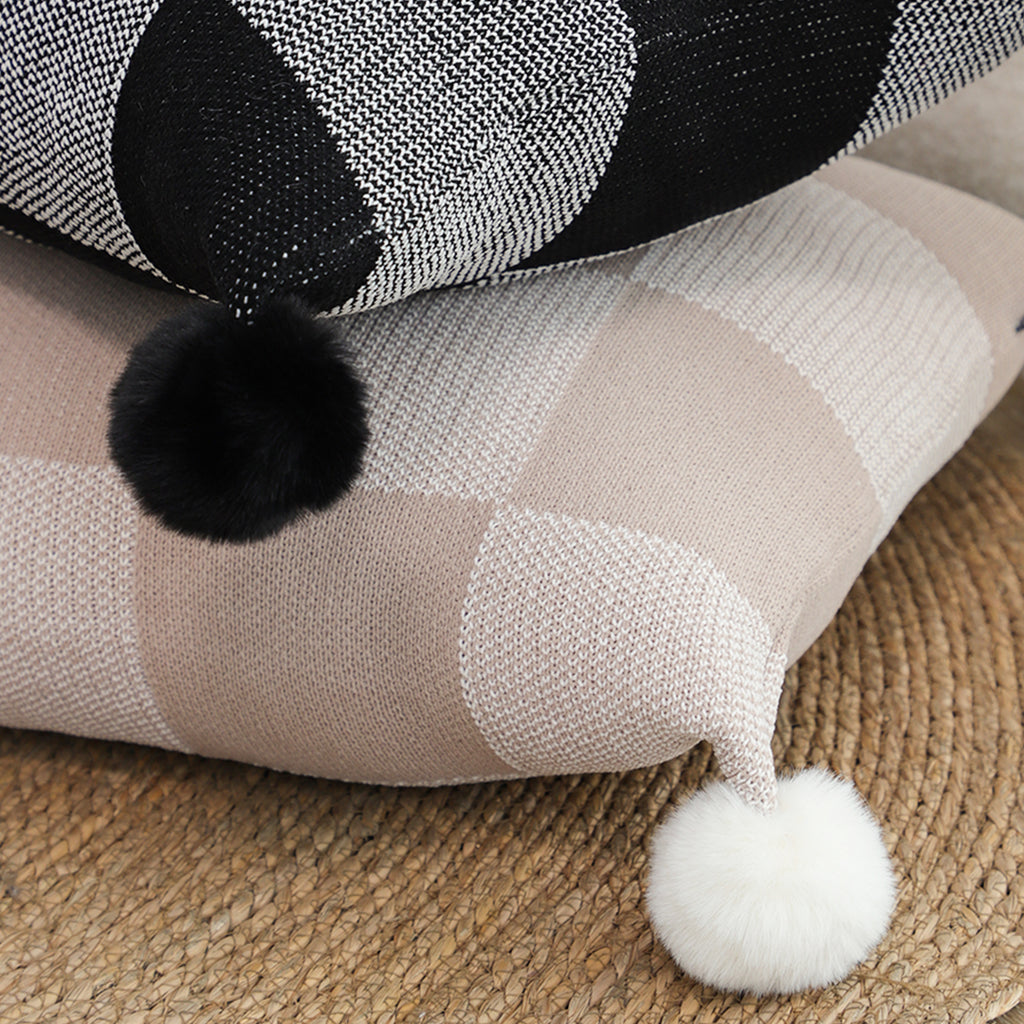 SOGA 45cm Cozy Chic Checkerboard Knit Pillowcase with Pom Pom Trim