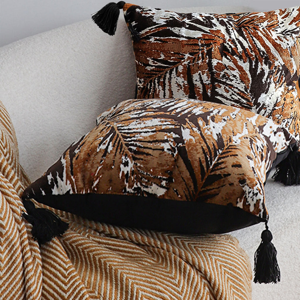 SOGA 45cm Velvet Brown/Black/Ivory Leaf Print Polyester Cushion Cover with Tassels