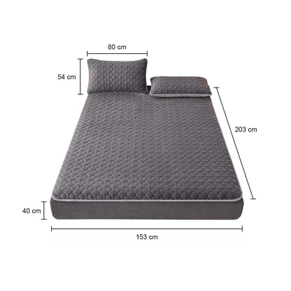 SOGA 2X Grey 153cm Wide Mattress Cover Thick Quilted Fleece Stretchable Clover Design Bed Spread Sheet Protector with Pillow Covers