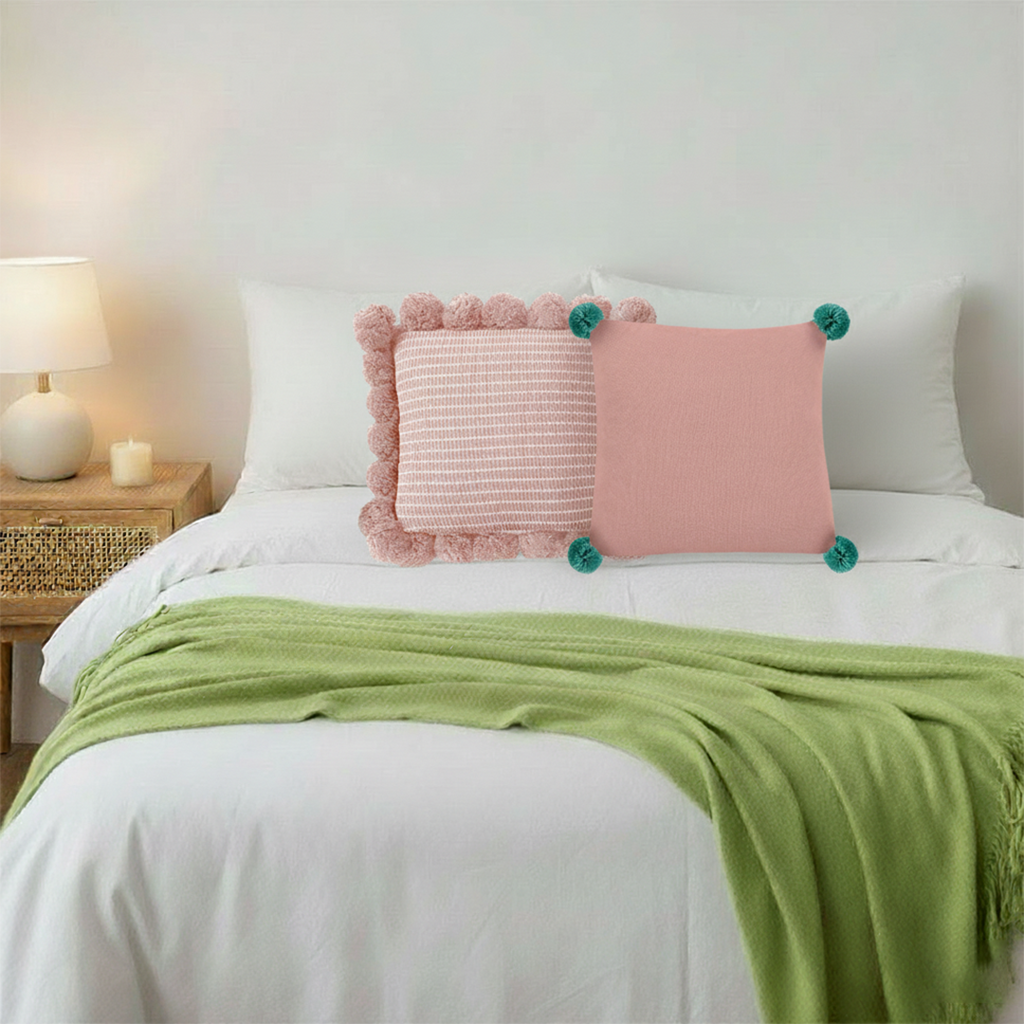SOGA 3PC Cozy Knit Set – Green Acrylic Throw Blanket with Ribbed Pillow Covers and Pom-Poms (Blush Pink & Dusty Rose Design)