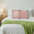 SOGA 3PC Cozy Knit Set – Green Acrylic Throw Blanket with Ribbed Pillow Covers and Pom-Poms (Blush Pink & Dusty Rose Design)