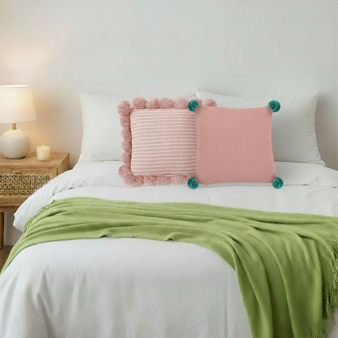 SOGA 3PC Cozy Knit Set – Green Acrylic Throw Blanket with Ribbed Pillow Covers and Pom-Poms (Blush Pink & Dusty Rose Design)