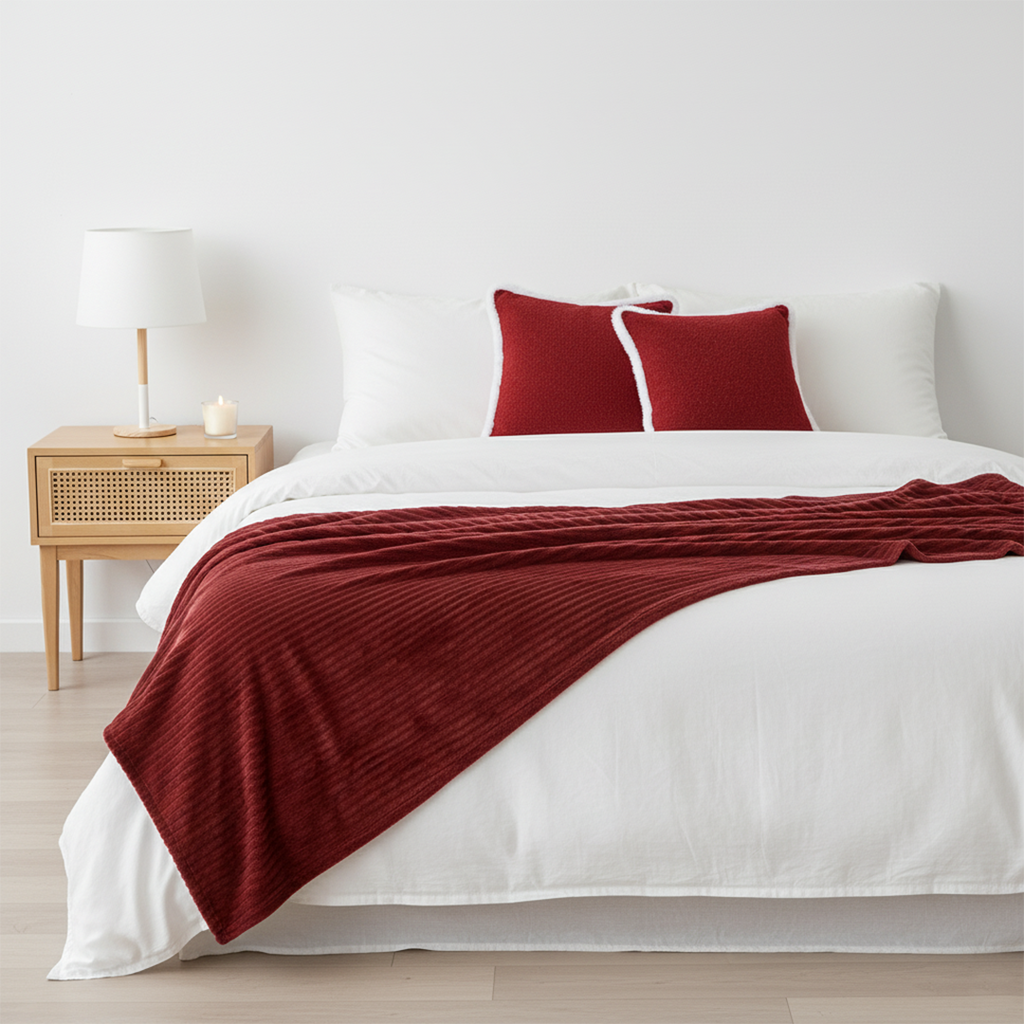 SOGA 3PC Cozy Set – Striped Flannel Throw Blanket with 2 Plush Crimson Red Pillow Covers
