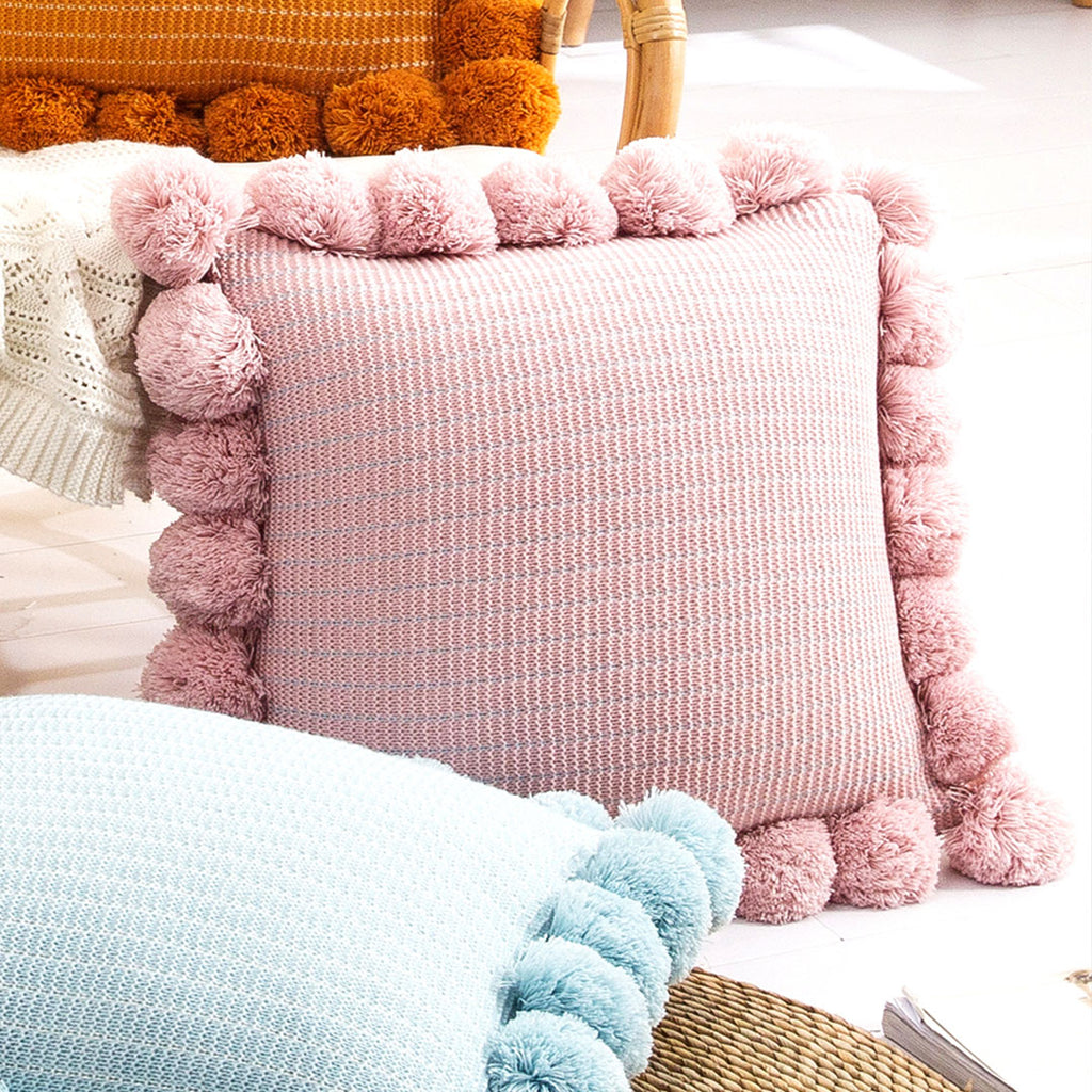 SOGA 45cm Blush Pink Ribbed Pillow Cover with Pom Poms