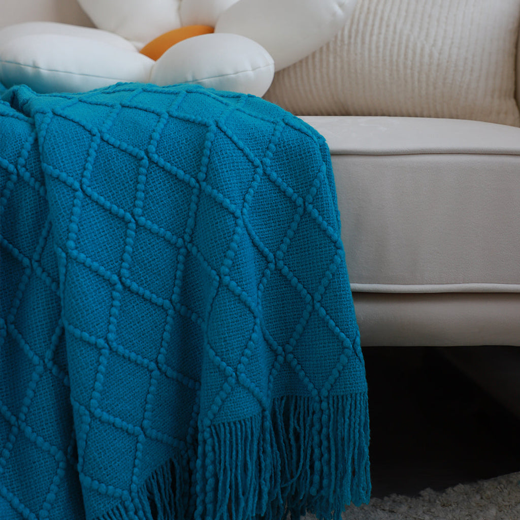 SOGA Knitted Throw Blanket – Warm Cozy Woven Cover with Diamond Pattern & Tassels for Couch, Bed, Sofa, Home Decor, Blue
