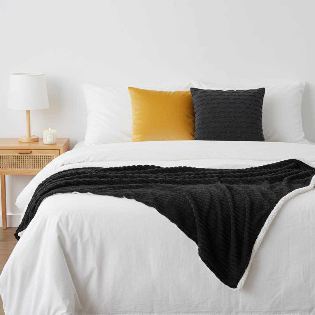 SOGA 3PC Cozy Set – Flannel Throw Blanket with Pillow Covers (Scalloped Charcoal & Golden Velvet Design)