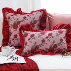 SOGA 30x50cm Rose Print Pillow Cover with Red Ruffle Border