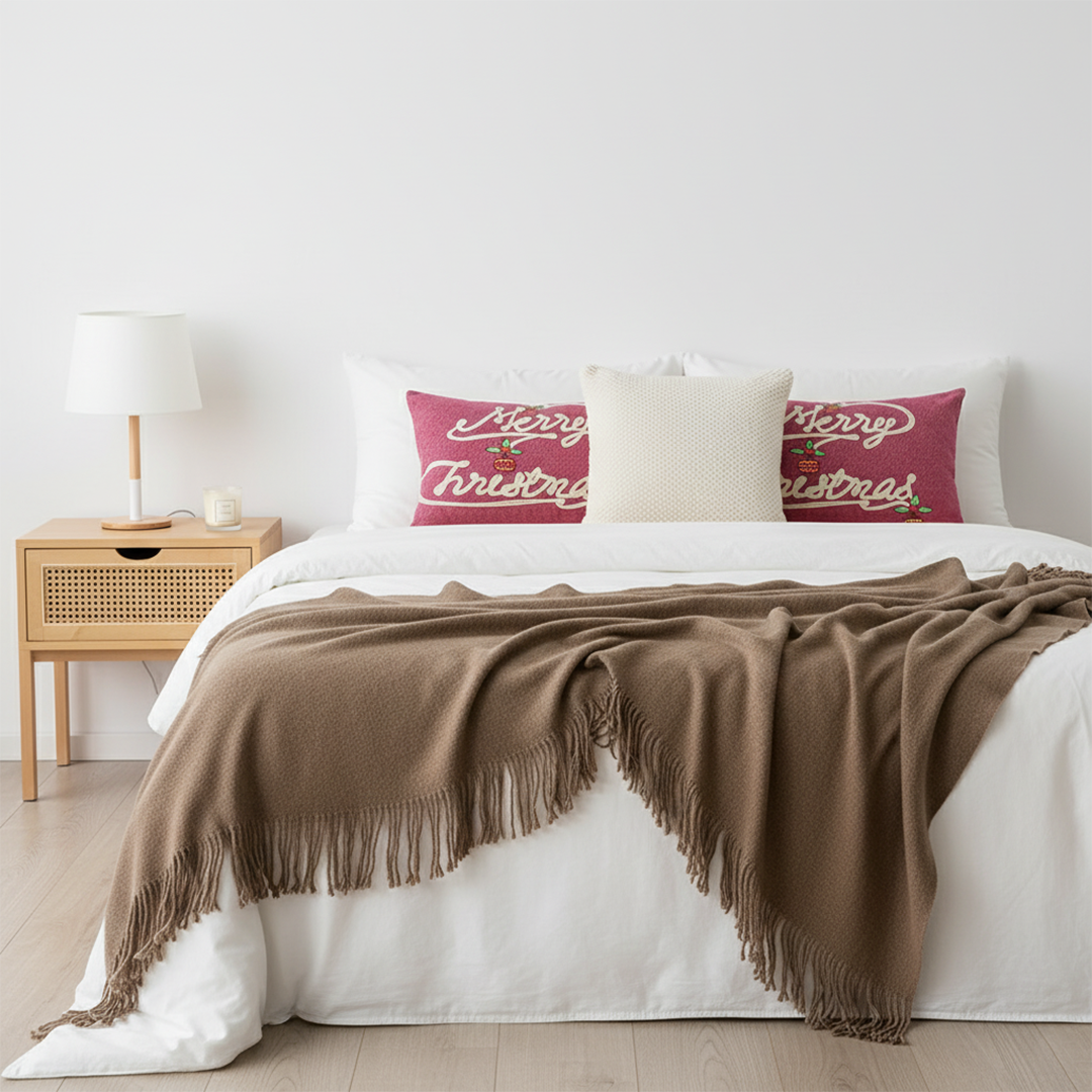 SOGA 4PC Christmas Set – Coffee Knitted Throw with Fringes + Script & Cream Pillowcases – Cozy Festive Decor
