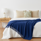 SOGA 5PC Set – Royal Blue Knitted Throw with Fringes + Champagne Velvet & Floral Pillowcases – Cozy Elegant Decor