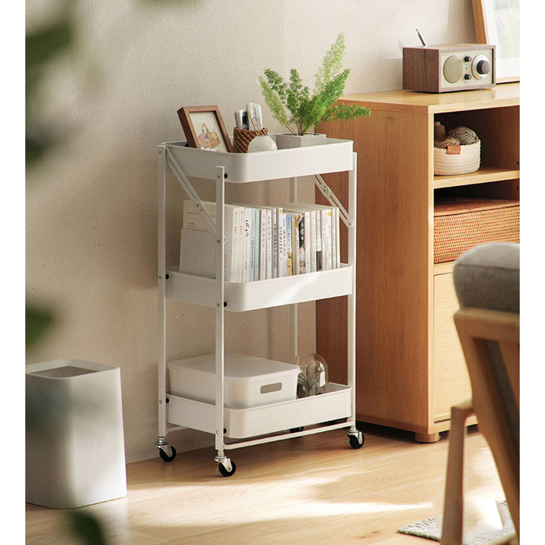 SOGA 3 Tier Steel White Foldable Kitchen Cart Multi-Functional Shelves Portable Storage Organizer with Wheels