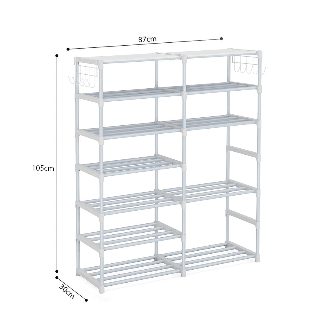 SOGA 2X 12-Shelf Tier Shoe Storage Shelf Space-Saving Caddy Rack Organiser with Side Hooks White