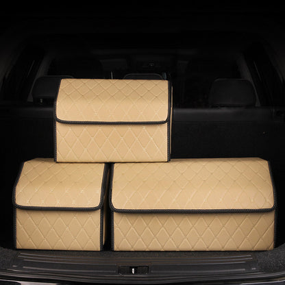 SOGA 2X Leather Car Boot Collapsible Foldable Trunk Cargo Organizer Portable Storage Box Beige/Gold Stitch Medium