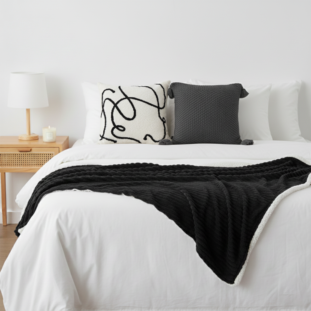 SOGA 3PC Cozy Home Set – Flannel Throw Blanket with Decorative Pillow Covers (Knit & Abstract Design)