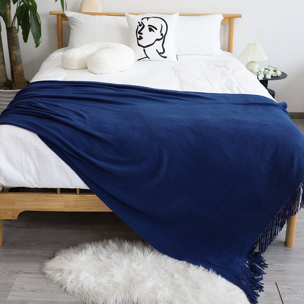 SOGA Acrylic Knitted Throw Blanket – Solid Warm Cozy Woven Cover with Fringes for Couch, Bed, Sofa, Home Decor, Royal Blue
