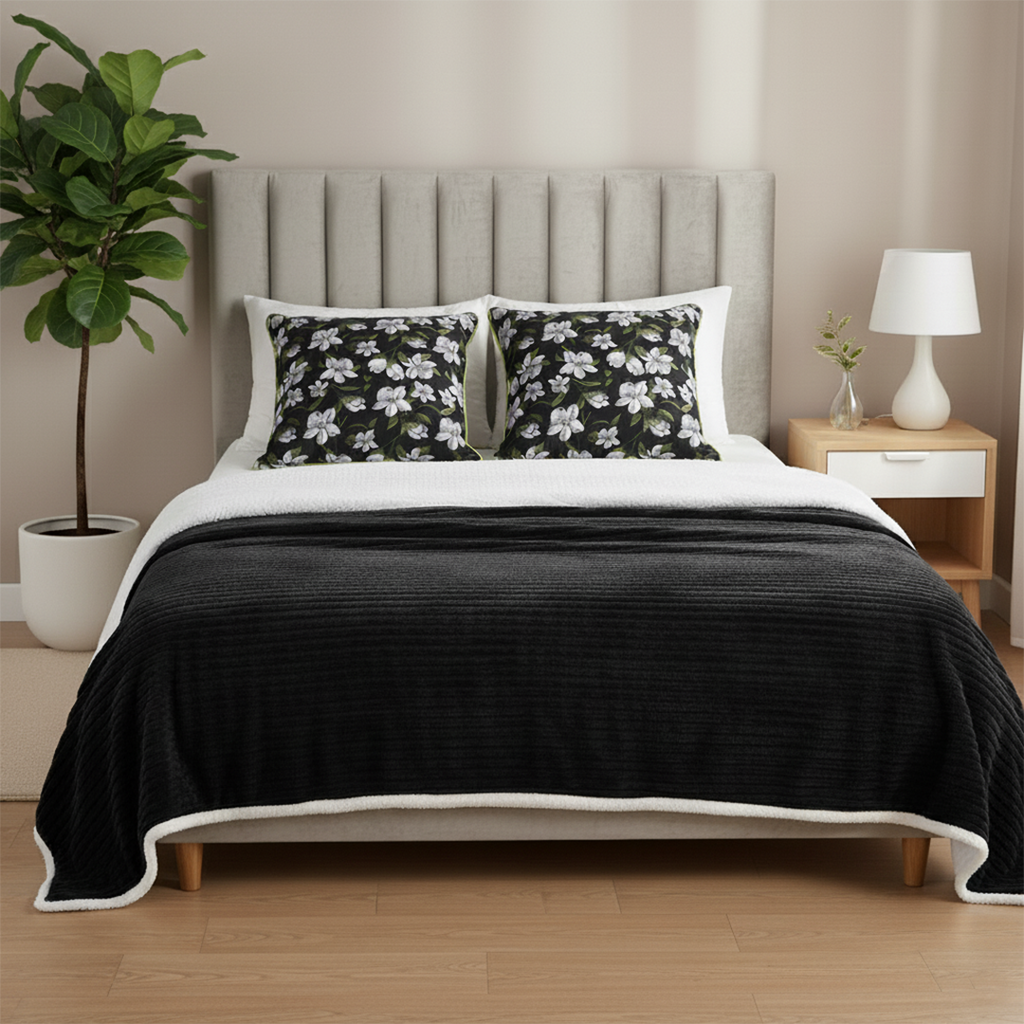 SOGA 3PC Cozy Set – Double-Sided Flannel Throw Blanket with Black Floral Pillow Covers (Green Trim Design)