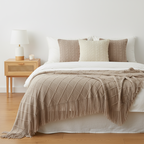 SOGA 4PC Set – Coffee Diamond Knitted Throw with Tassels + Dusty Rose & Cream Cable Knit Pillowcases – Cozy Decor