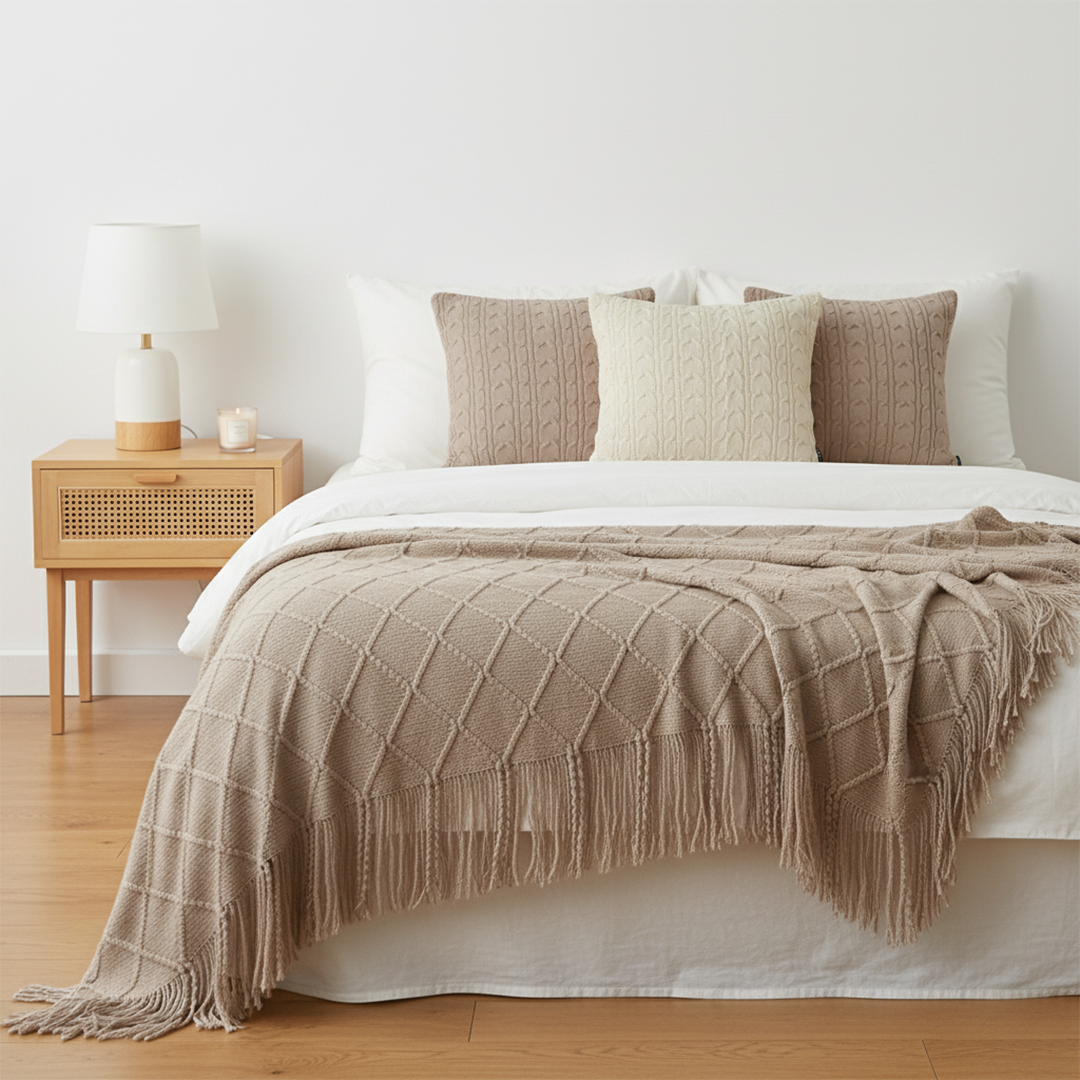 SOGA 4PC Set – Coffee Diamond Knitted Throw with Tassels + Dusty Rose & Cream Cable Knit Pillowcases – Cozy Decor