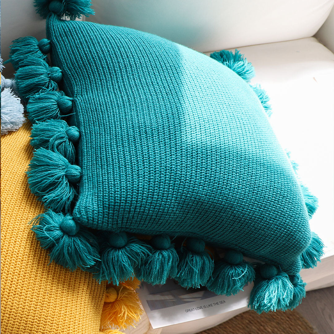 SOGA 45cm Textured Pillowcase with Pom-Pom Trim (Emerald Green)