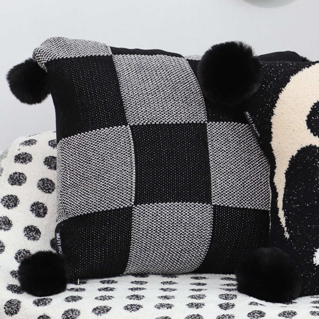 SOGA 2X 45cm Modern Comfort Black & Gray Gingham Pillowcase with Pom Poms