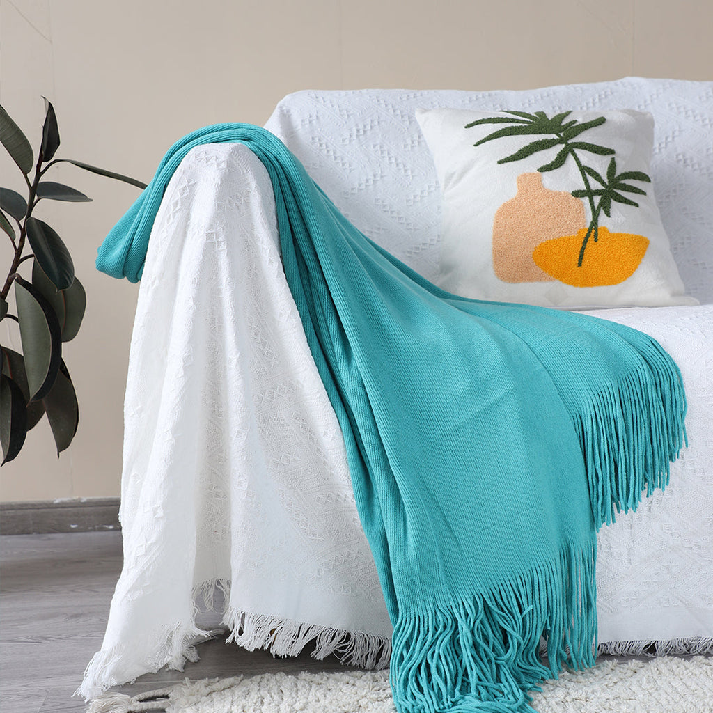SOGA 2X Acrylic Knitted Throw Blanket – Solid Fringed Warm Cozy Woven Cover for Couch, Bed, Sofa Home Decor, Teal