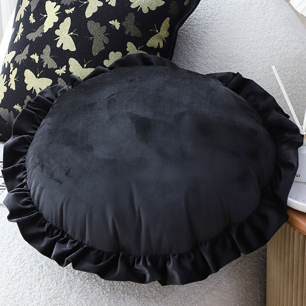 SOGA 45cm Black Vintage Lotus Edge Round Pillowcase – Butterfly Accent
