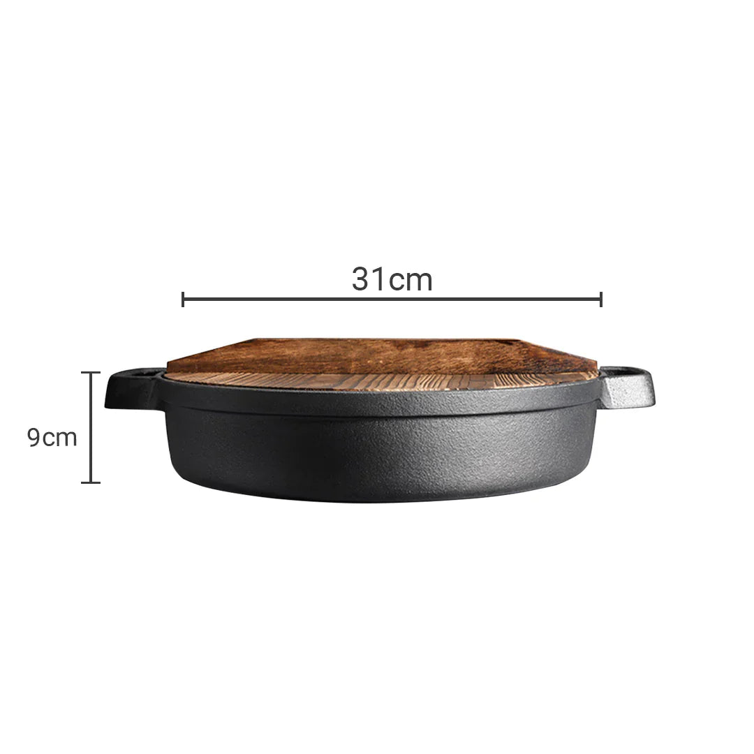 SOGA 2X 31cm Round Cast Iron Pre-seasoned Deep Baking Pizza Frying Pan Skillet with Wooden Lid