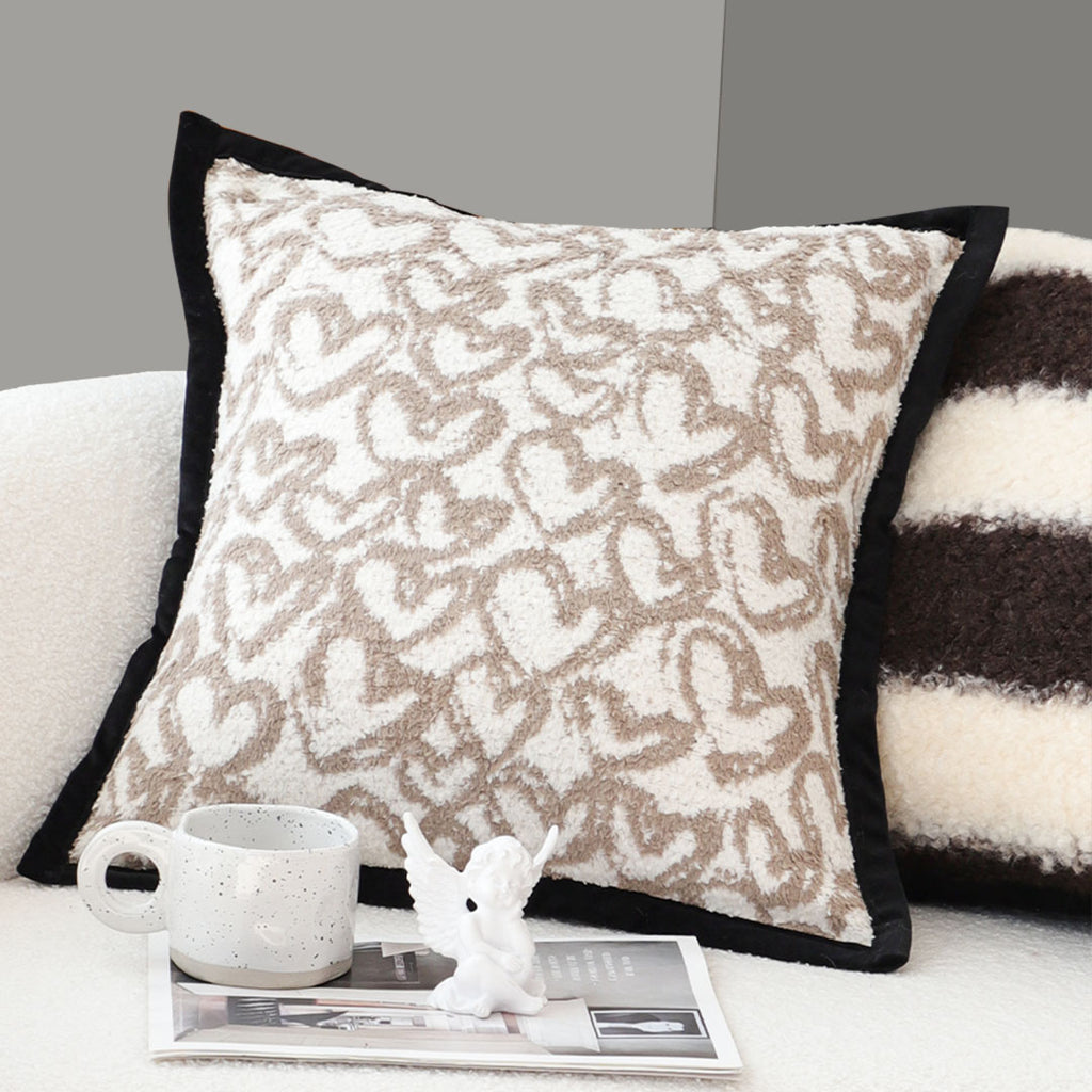 SOGA 45cm Heart Patterned Off-White Square Pillowcase with Black Trim