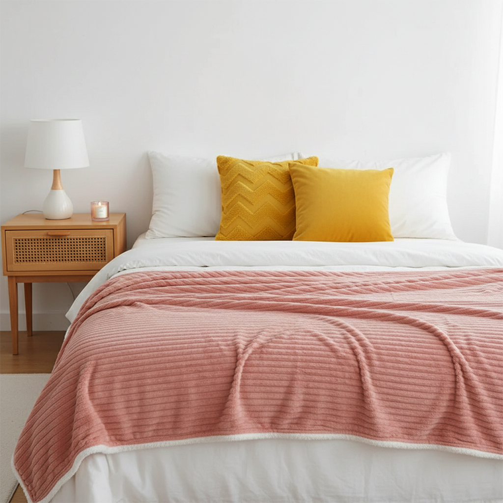 SOGA 3PC Cozy Set – Pink Flannel Throw Blanket with Pillow Covers (Chevron & Yellow Velvet Design)