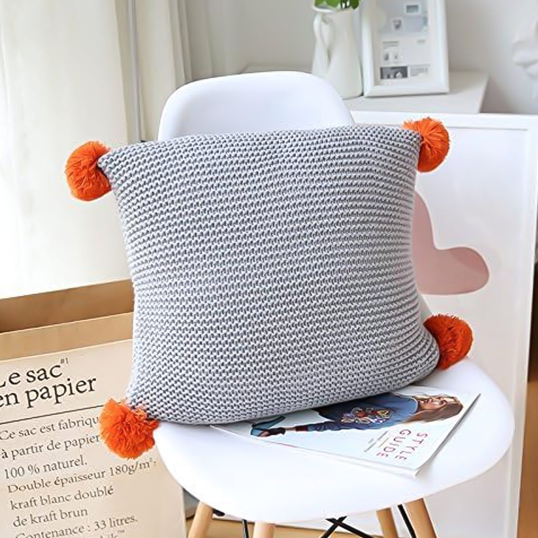 SOGA 45cm Ribbed Knit Pillowcase with Pom-Poms (Light Gray)