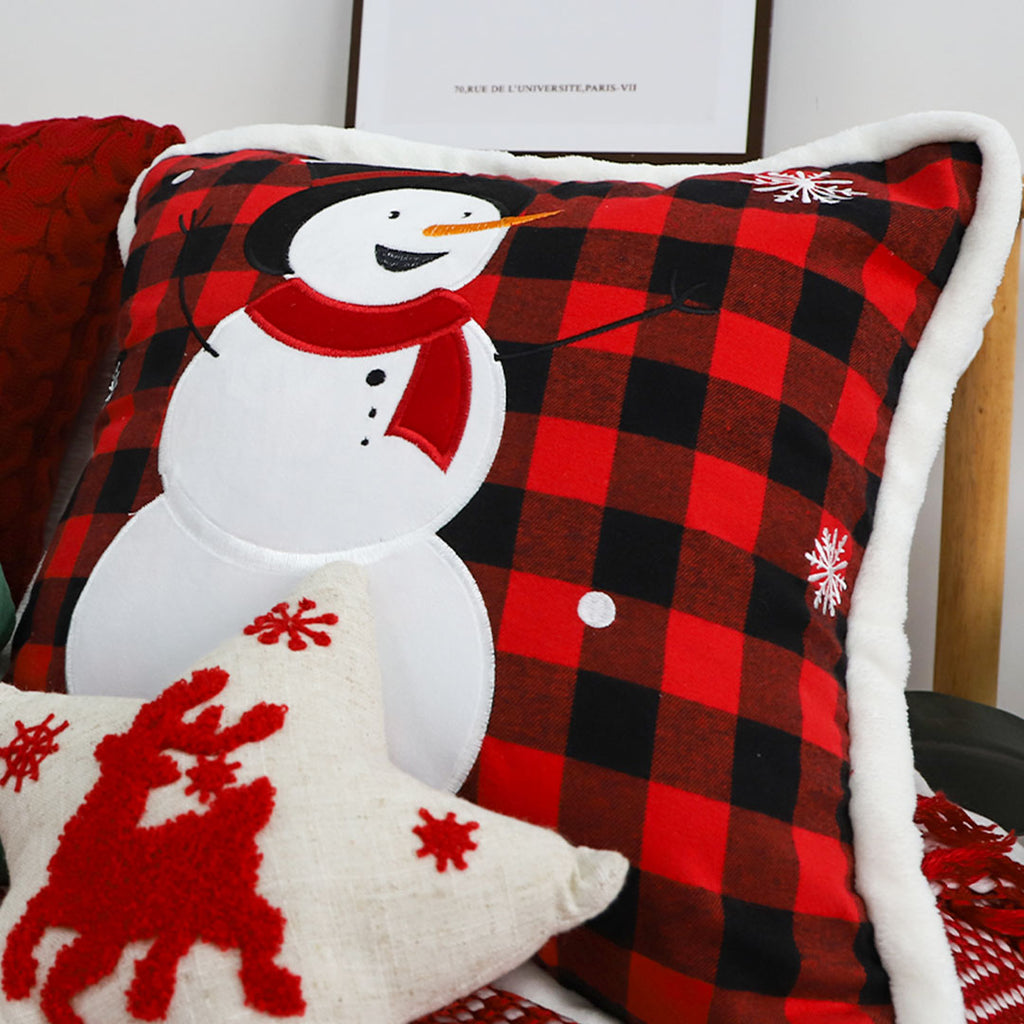 SOGA 45cm Holiday Snowman Pillowcase (Red Plaid)