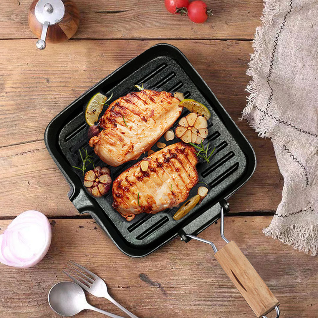 SOGA 2X 28cm Ribbed Cast Iron Square Steak Frying Grill Skillet Pan with Folding Wooden Handle