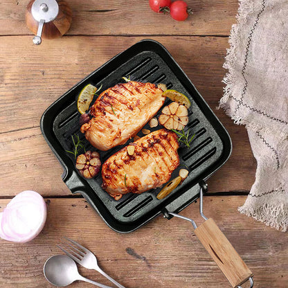 SOGA 2X 28cm Ribbed Cast Iron Square Steak Frying Grill Skillet Pan with Folding Wooden Handle