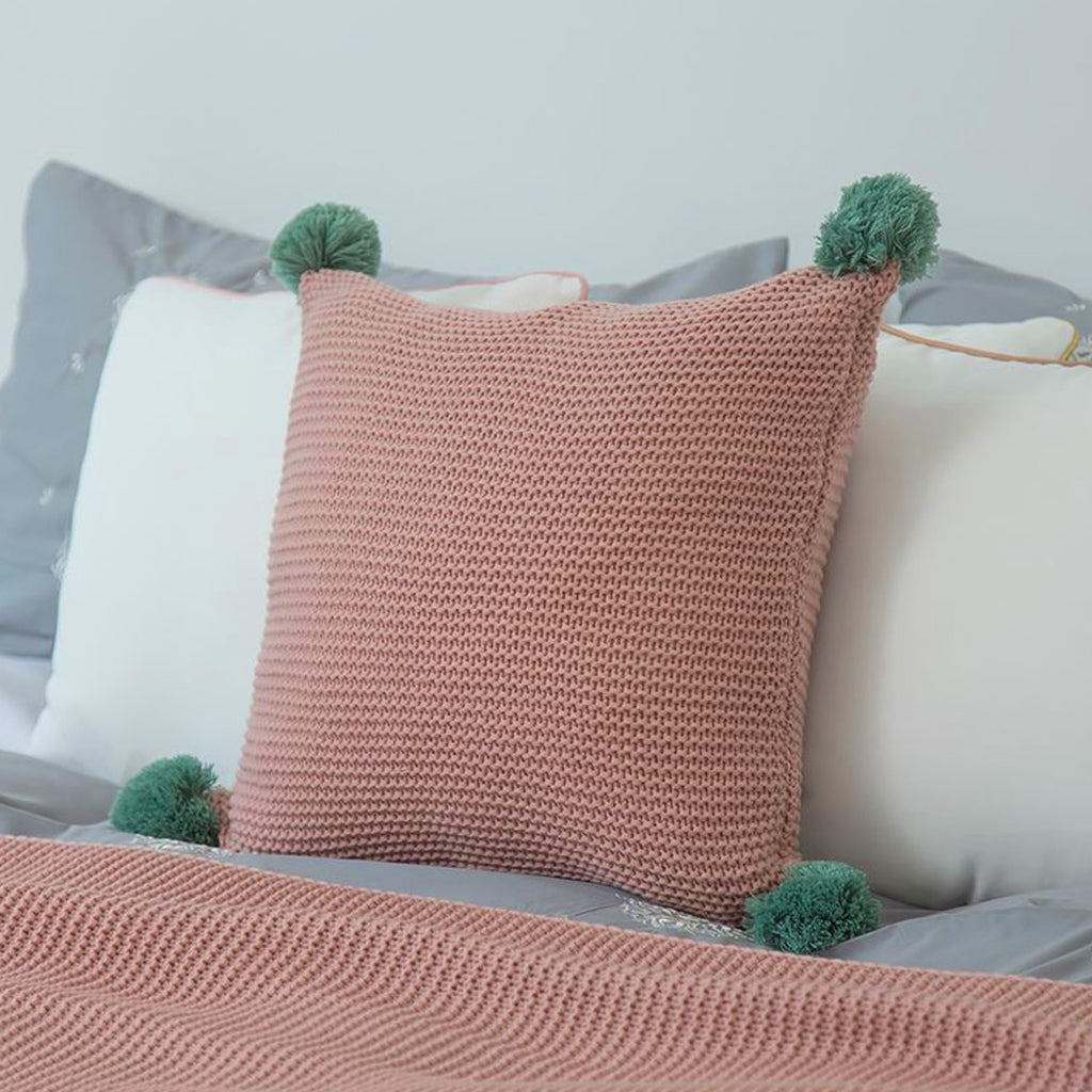 SOGA 45cm Ribbed Knit Pillowcase with Pom-Poms (Dusty Rose)