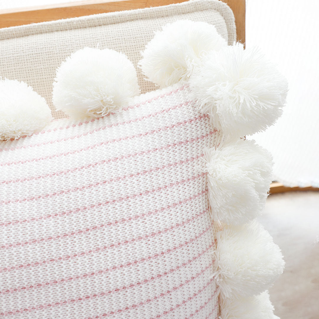 SOGA 45cm Cream Waffle Weave Pillow Cover with Pom Poms