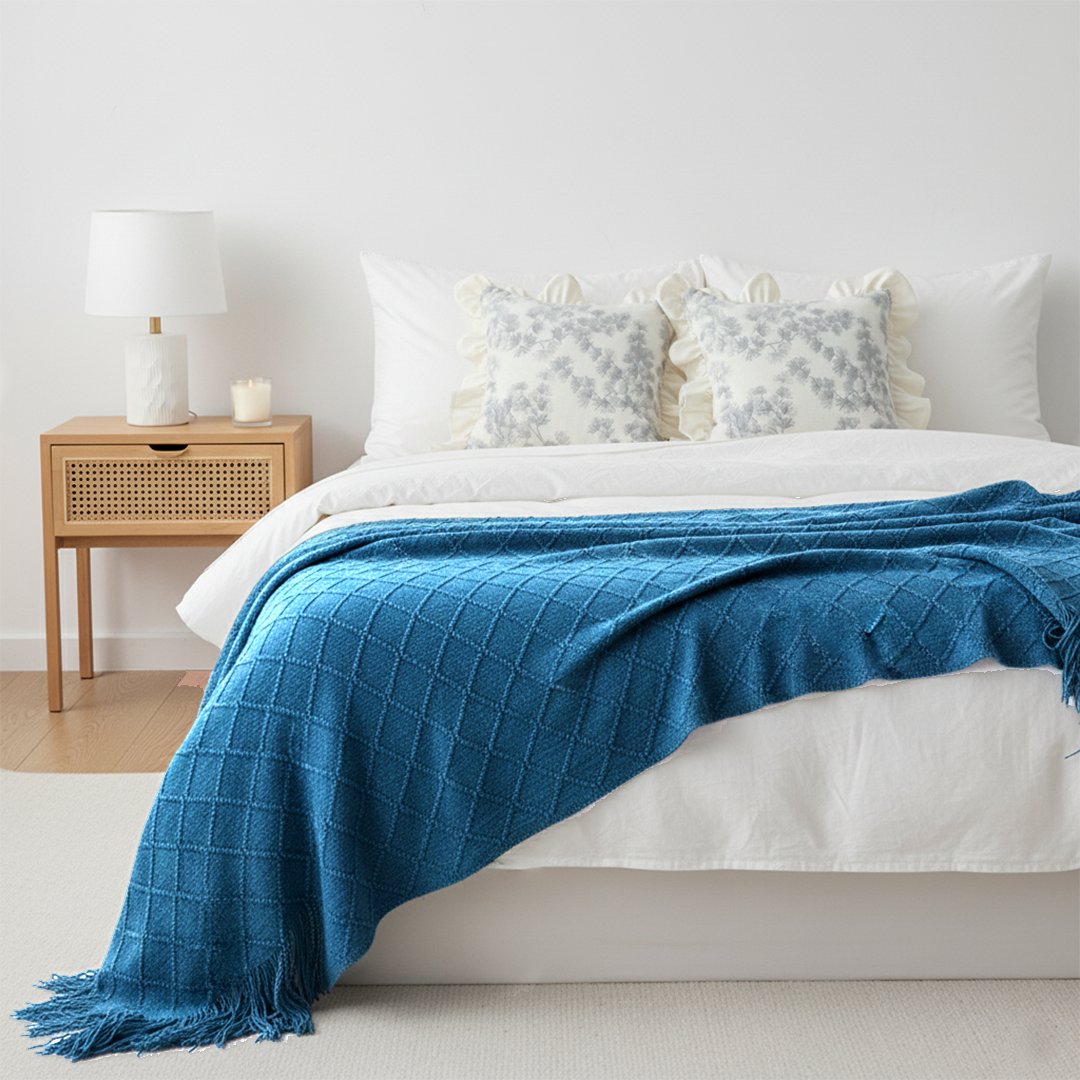 SOGA 3PC Cozy Set – Royal Blue Diamond Knit Throw Blanket with 2 White Floral Ruffle Trim Pillow Covers