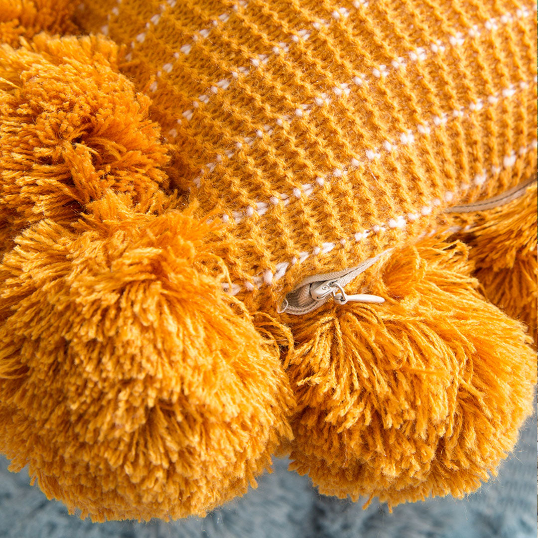 SOGA 45cm Mustard Yellow Ribbed Pillow Cover with Pom Poms