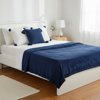 SOGA 4PC Set – Blue Striped Throw Blanket + Cream Pom Pom & Navy Chunky Knit Pillowcases – Cozy Decor