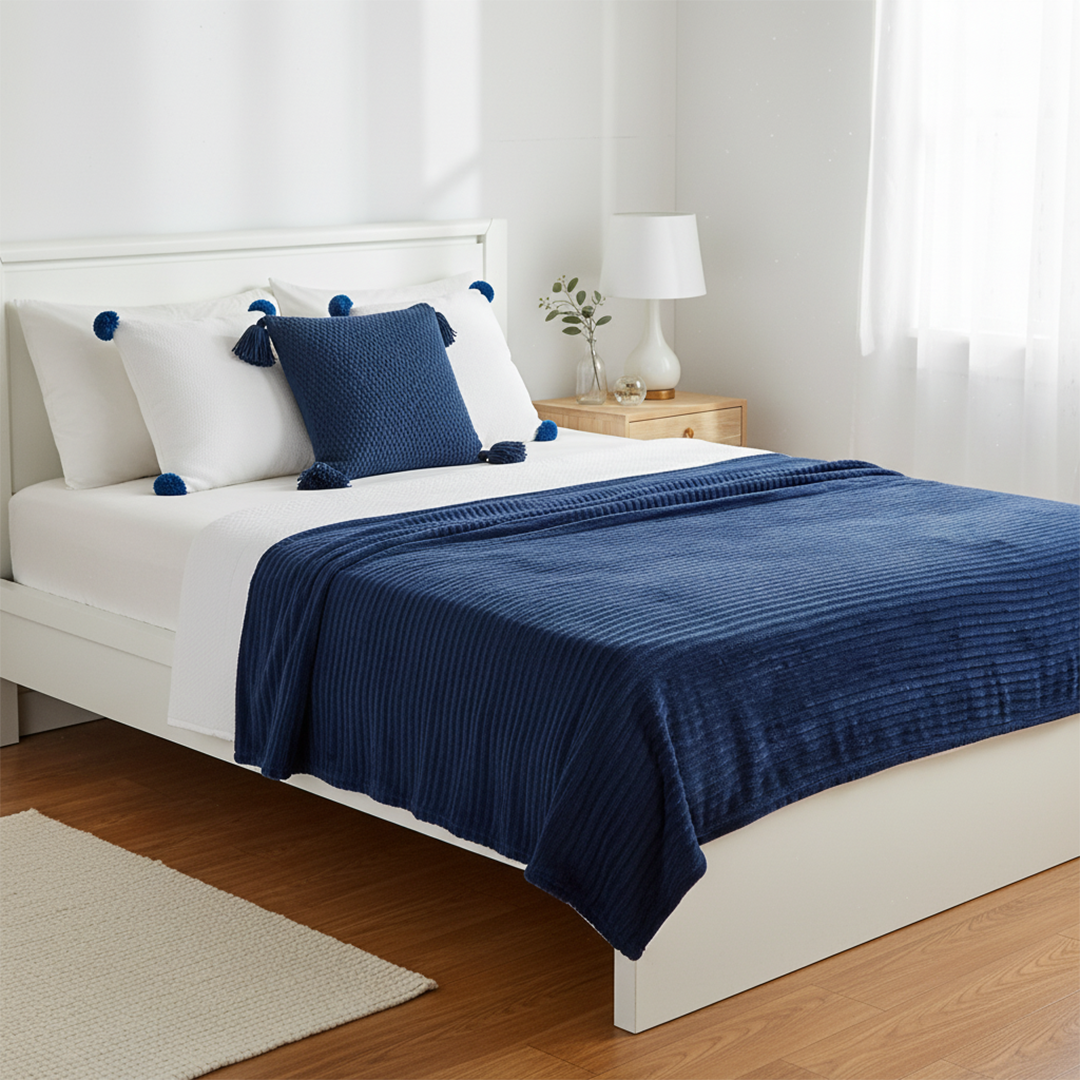 SOGA 4PC Set – Blue Striped Throw Blanket + Cream Pom Pom & Navy Chunky Knit Pillowcases – Cozy Decor